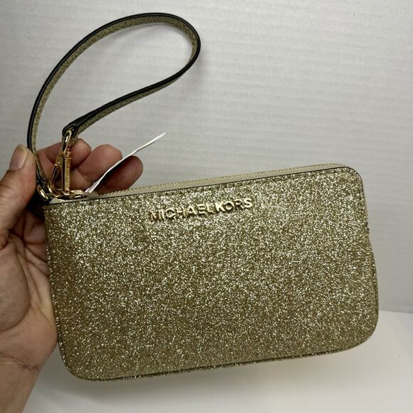 Michael Kors TZ Wristlet Glitter Leather Pale Gold Bag New - Picture 1 of 9
